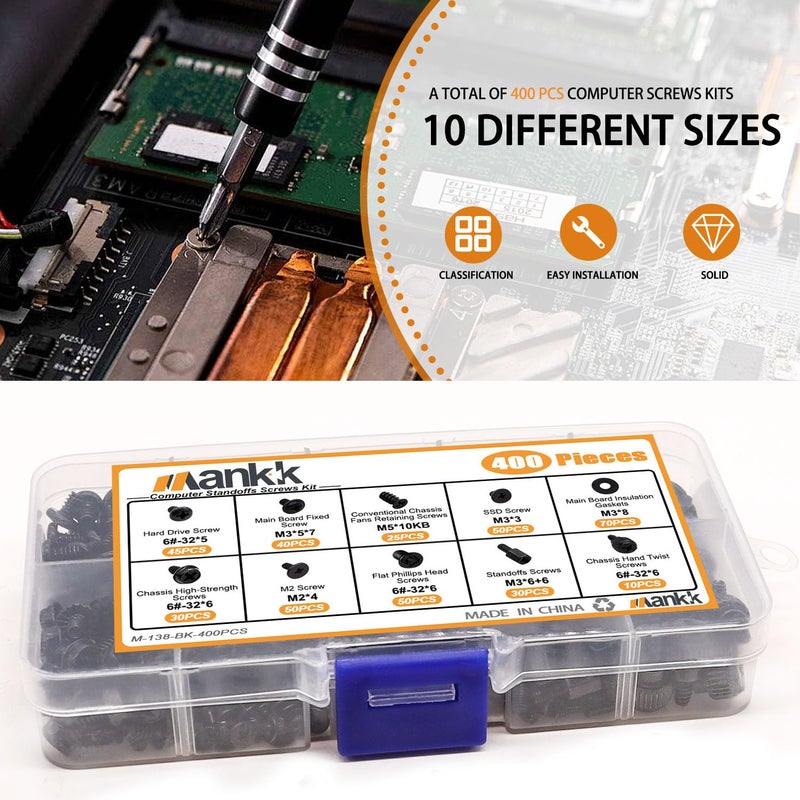 mankk 400 قطعة من براغي الكمبيوتر لدعائم اللوحة الأم، علبة الكمبيوتر، مروحة، براغي SSD، CD-ROM لتركيب وإصلاح الكمبيوتر DIY - Image 5